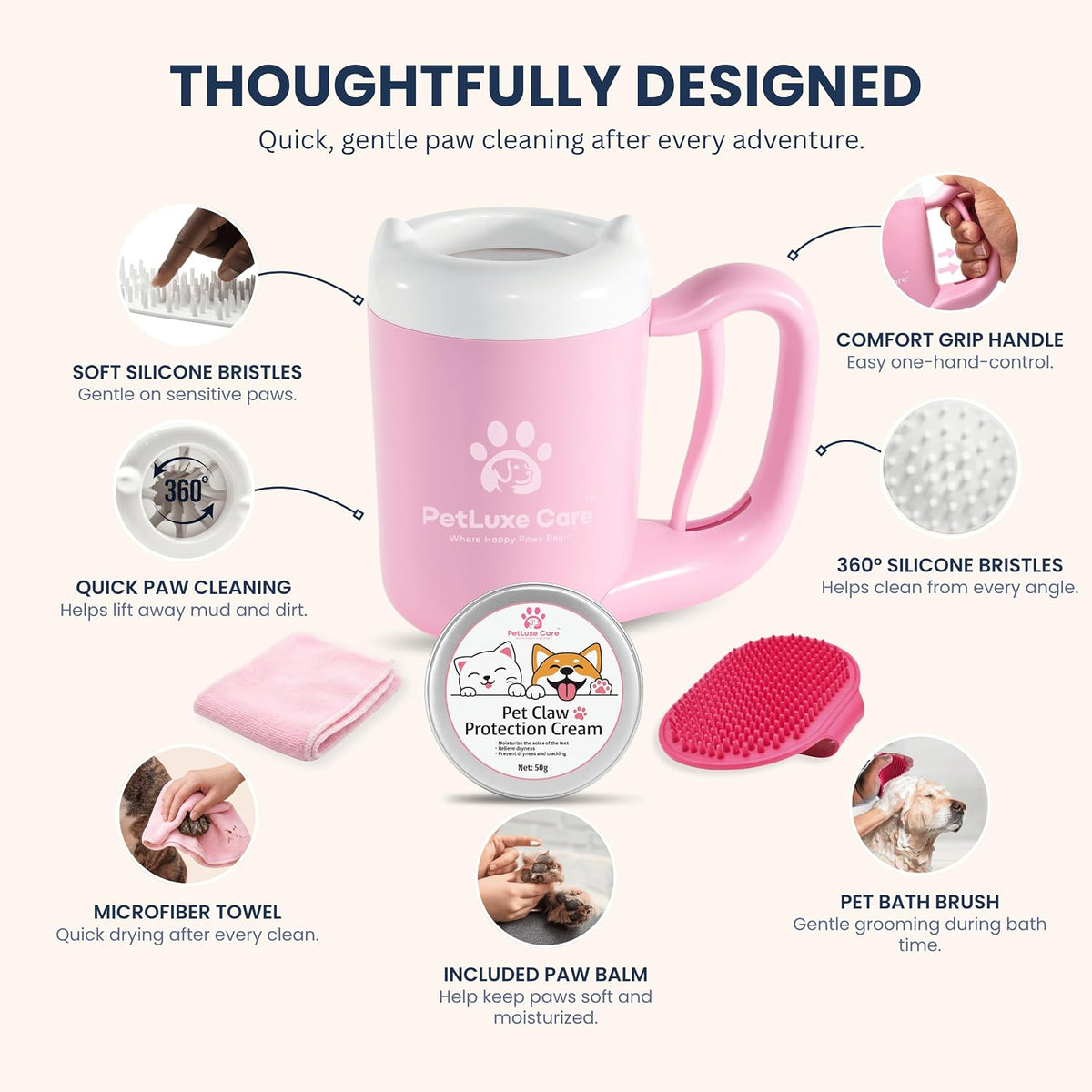 Dog Paw Cleaner, Paw Washer Cup with Soft Silicone Bristles, Portable Dog Foot Washer, 4-In-1 Paw Cleaner Kit with Paw Balm, Microfiber Towel & Grooming Brush (Pink Small)